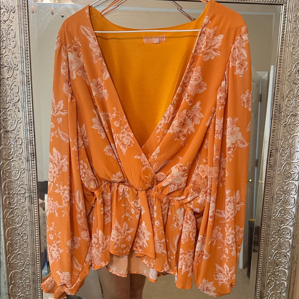 Floral Wrap Peplum Blouse in Orange and Cream